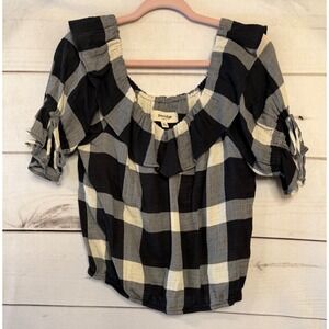 Porridge Clothing Black White Buffalo Plaid Ruffle Off Shoulder Top Sz S‎ Anthro
